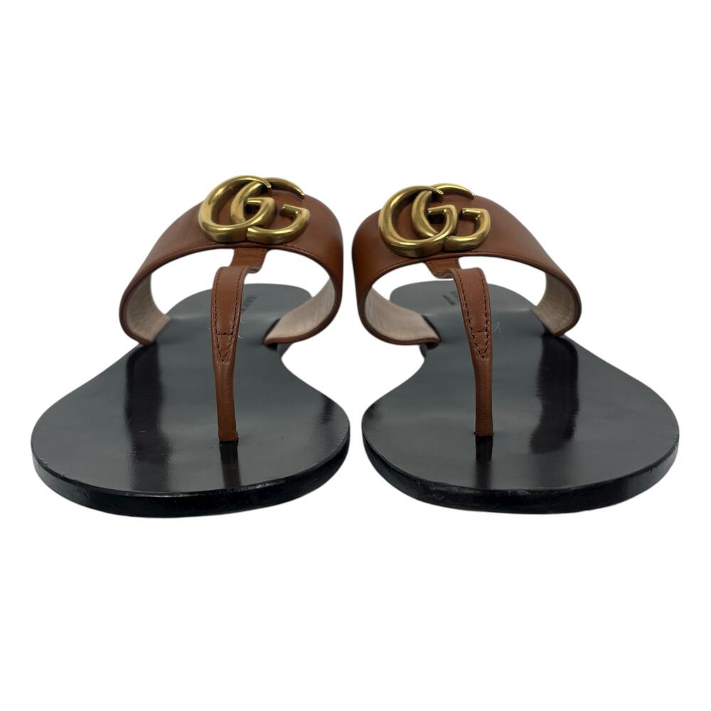 Gucci Leather Thong Sandals Gold Double G Logo Orange Brown Size 37 - Picture 4 of 11